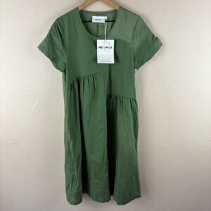 NWT Meomua Olive Green Midi Dress Linen Lagenlook Medium